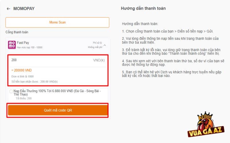 Nhập số tiền cần nạp MOMO và nhấn tiến hành