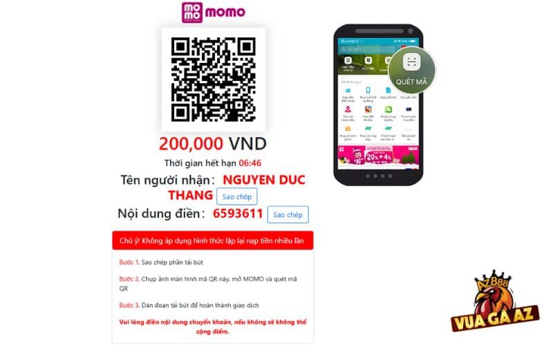 Quét mã MOMO hoặc chuyển qua các thông tin cung cấp